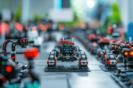A variety of robots compete on a track, showing innovative technology and programming skills in action.の写真素材