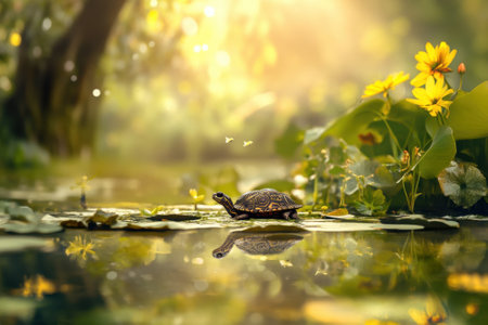 A small turtle navigates through lily pads in a peaceful pond, illuminated by gentle sunlight.の写真素材