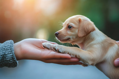 A playful puppy extends its paw towards a child's hand in a warm, sunny environment with soft lighting.の写真素材