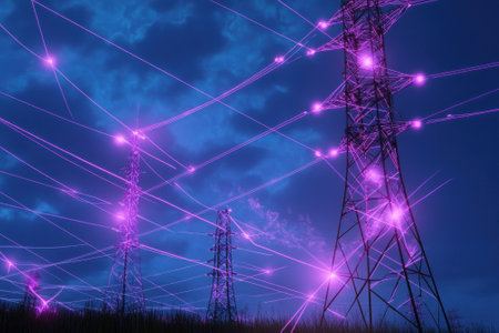 Electric towers glow with purple lights against a beautiful twilight backdrop, creating a striking visual display.の写真素材