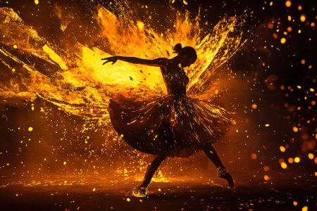 A performer in a flowing dress spins amidst a vibrant burst of flames, capturing a blend of movement and fire.の写真素材