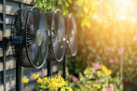 Fans are mounted on a wall, offering a refreshing breeze in a colorful garden as the sun sets.の写真素材