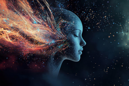 A serene face blends with cosmic elements, illustrating a harmony between imagination and the universe.の写真素材