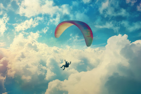 Two individuals enjoy the thrill of paragliding high above stunning clouds with bright blue skies.の写真素材