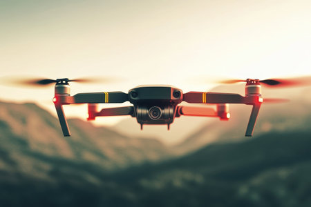 A drone is captured in flight above a stunning mountain landscape at sunset, showing vibrant hues in the sky.の写真素材