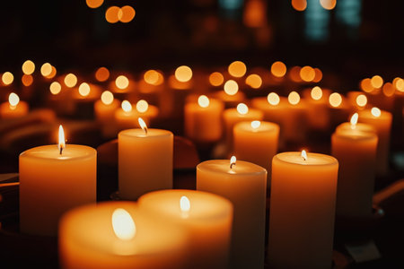 Warm candlelight creates a tranquil atmosphere in a dimly lit space, inviting reflection and calmness.の写真素材