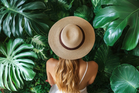 A woman with long hair is enjoying a peaceful moment in a tropical garden filled with large green leaves.の写真素材