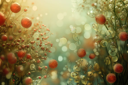 Vibrant display of fantastical plants with glowing elements and shimmering bubbles, creating an enchanting atmosphere.の写真素材