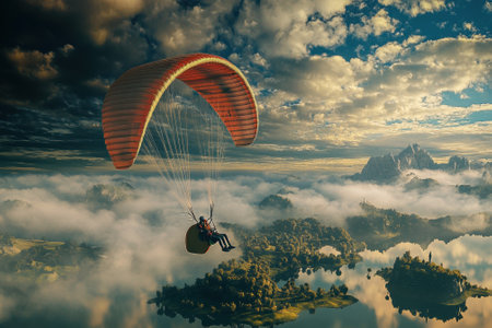 A paraglider glides through the sky, navigating clouds and enjoying a panoramic view of mountains and lakes.の写真素材