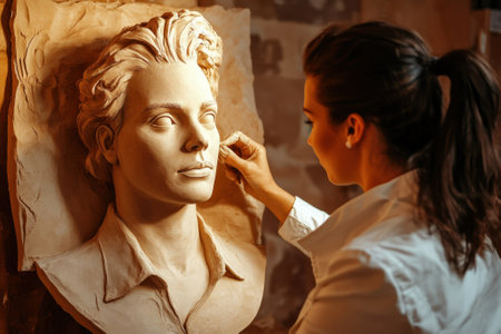 Artist focuses on creating a lifelike clay bust of a person in an artistic workspace filled with tools.の写真素材
