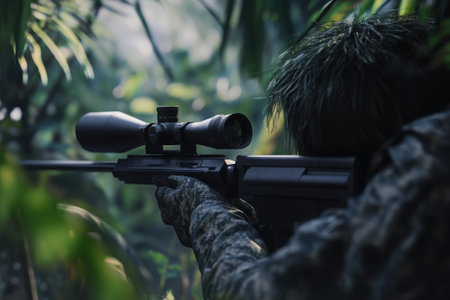 A soldier in camouflage quietly aims a sniper rifle, concealed by thick jungle foliage, focusing intently.の写真素材