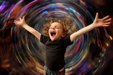 A joyful young child with curly hair spins with open arms, surrounded by swirling, vibrant colors.の写真素材