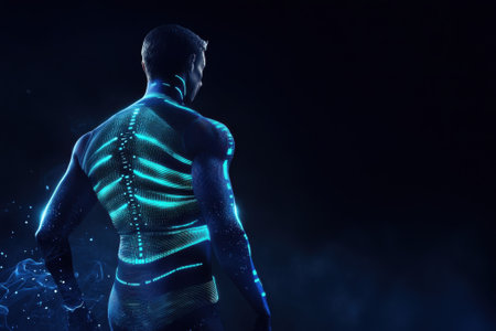 A human figure is illuminated with neon lines, depicting a blend of anatomy and technology in darkness.の写真素材