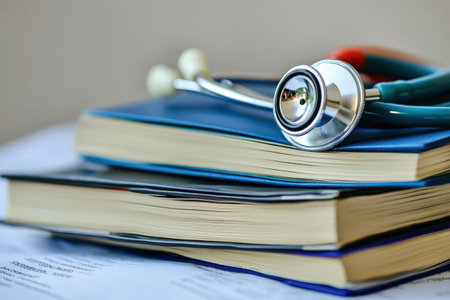 A stethoscope lies atop a stack of medical textbooks in a bright, inviting study space.の写真素材