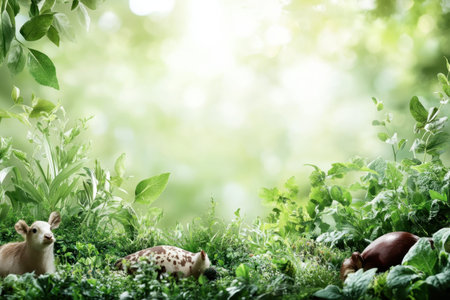 Two animals relax in a vibrant green forest, basking in the warm morning sunlight.の写真素材