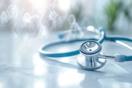 A stethoscope rests on a marble surface with a soft, blurred background, suggesting a healthcare environment.の写真素材