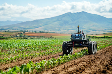 A sophisticated farming machine cultivates a lush green field with mountains in the background on a sunny day.の写真素材