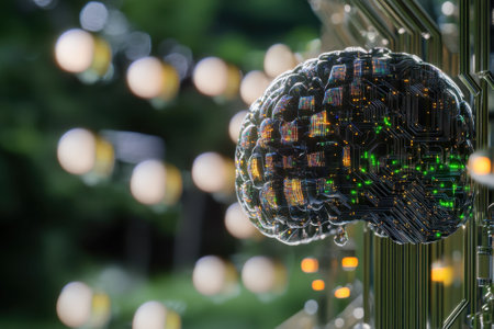 A twilight outdoor brain sculpture of circuits and lights symbolizes technology and innovation.の写真素材