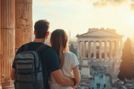 A couple embraces while admiring the stunning view of ancient ruins in Rome as the sun sets.の写真素材