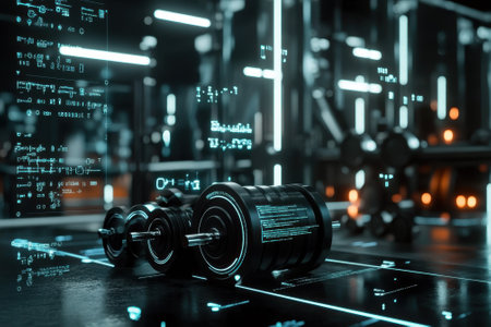 Weights rest on a sleek surface surrounded by glowing digital data, showcasing a high-tech gym atmosphere.の素材