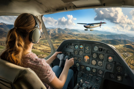 A pilot controls an aircraft while watching another plane flying in the distance above beautiful mountains.の写真素材