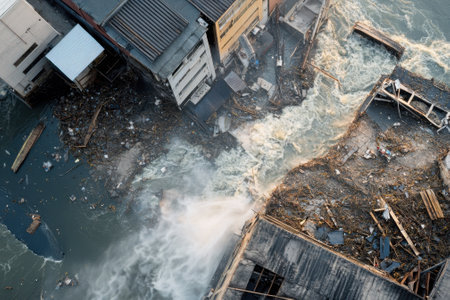 Floodwaters rush through damaged buildings, uprooting debris and creating chaos in the coastal area.の写真素材