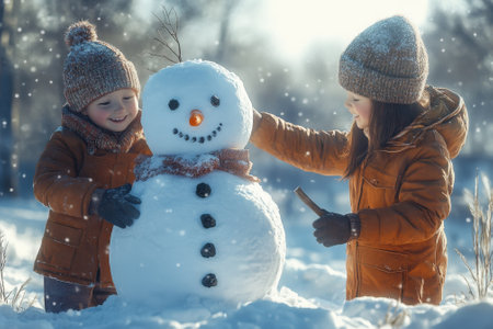 Two kids in warm jackets create a snowman with a carrot nose and a scarf, surrounded by snow and sunlight.の写真素材