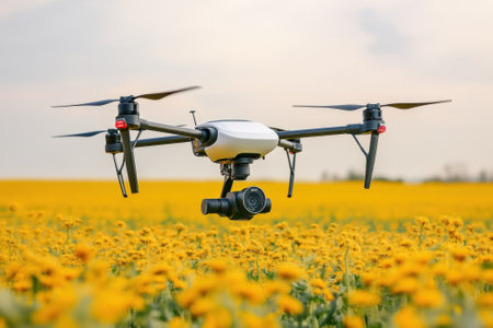 A drone captures aerial views above a bright yellow flower field under a clear blue sky.の素材