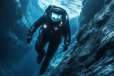 A skilled diver navigates through a striking underwater cave, surrounded by clarity and light.の写真素材