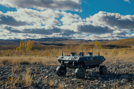 A robotic vehicle navigates through rocky ground surrounded by a vast landscape and blue sky.の写真素材
