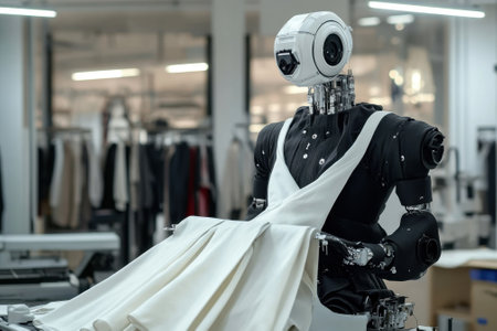 A robot is skillfully assembling a white dress in an advanced fashion design studio focused on innovation.の写真素材