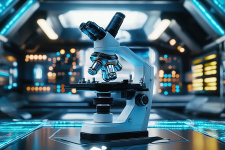 High-tech microscope is positioned on a glowing lab table, surrounded by illuminated screens in a modern laboratory.の写真素材
