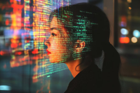 A woman observes colorful data projections on a glass surface at night, immersed in technology and analytics.の写真素材