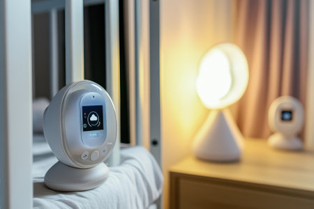 A smart baby monitor is placed on a crib, while a soft night light glows nearby, creating a tranquil nursery atmosphere.の写真素材