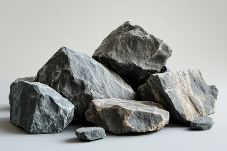 Rocks of various sizes and textures are arranged on a neutral background, highlighting their beauty.の写真素材