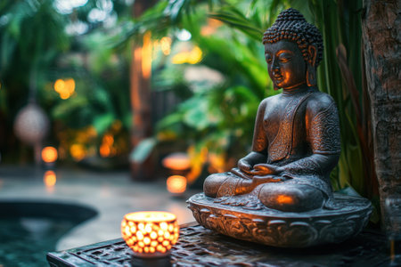 A buddha statue sits peacefully next to a lit candle in a tranquil garden filled with greenery at dusk.の写真素材