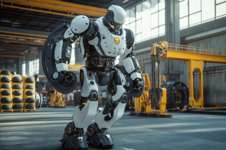 A large industrial robot stands in a spacious factory, showing its advanced design and capabilities.の写真素材