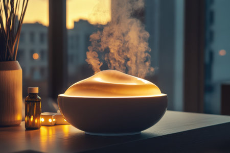 Soft steam flows from a diffuser while warm light glows in a serene indoor space during sunset.の写真素材