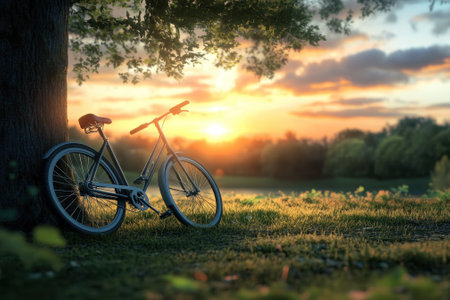 A bicycle rests against a tree as the sun sets, casting warm light over a peaceful green meadow.の写真素材