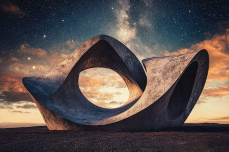 A striking abstract sculpture stands amidst a desert landscape, framed by stars and twilight colors.の写真素材