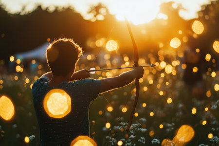 Archer aims with bow as the sun sets, surrounded by soft, glowing bokeh from a field backdrop.の写真素材