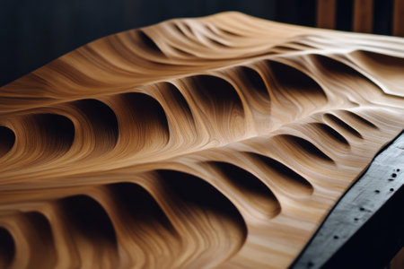Crafted wooden table features unique, flowing grooves and layers, highlighting artisanal skill and natural beauty.の写真素材