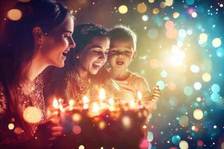 Two women and a child joyfully celebrate, surrounded by glowing candles and colorful lights during a festive occasion.の写真素材