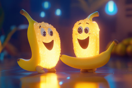 Two animated bananas with cheerful expressions are glowing in a colorful, lively environment under soft lighting.の写真素材