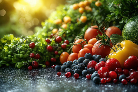 A vibrant assortment of fresh fruits and vegetables displayed on a dark surface, glistening in sunlight.の写真素材