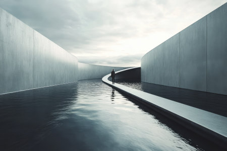 A person walks along a sleek pathway surrounded by curved concrete walls reflecting in the calm water.の写真素材