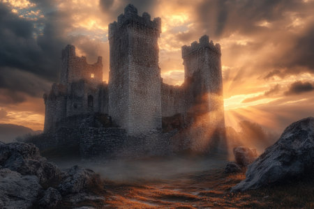 A stunning medieval castle stands tall as the sun sets behind, casting golden rays and shadows across the landscape.の写真素材