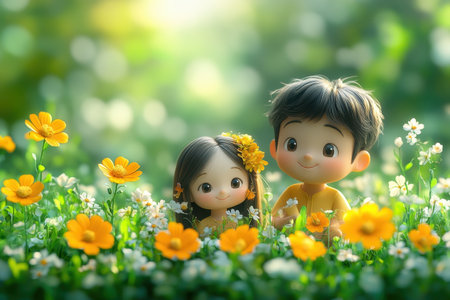 Two cheerful children enjoy a sunny day surrounded by blooming flowers in a garden setting.の写真素材