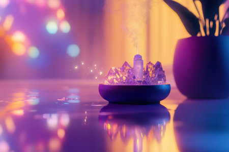 A soothing aromatherapy fountain features crystal shapes, emitting gentle mist and colorful lights in a tranquil space.の写真素材