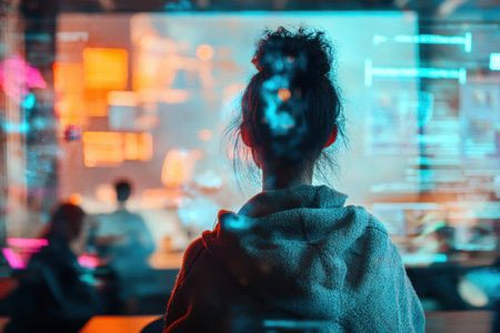 A young woman focuses intently on data visualizations projected on a screen in an innovative office environment.の写真素材